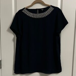 Premise Navy Blue Top with Pearl and Rhinestone Beaded Neckline